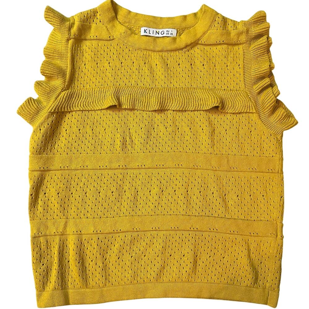 Kling, Mustard, Ruffled Trim, Sleeveless Blouse- XS